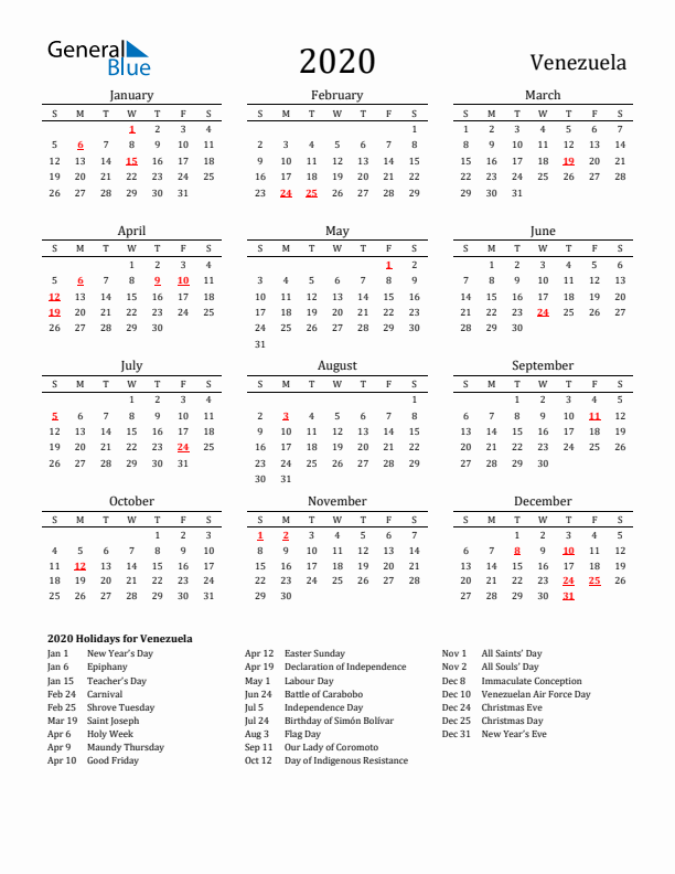 Venezuela Holidays Calendar for 2020