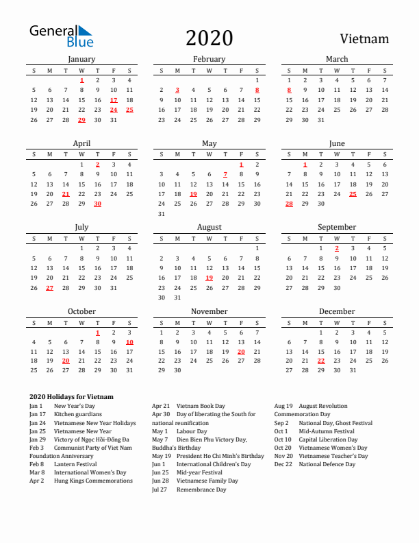 Vietnam Holidays Calendar for 2020