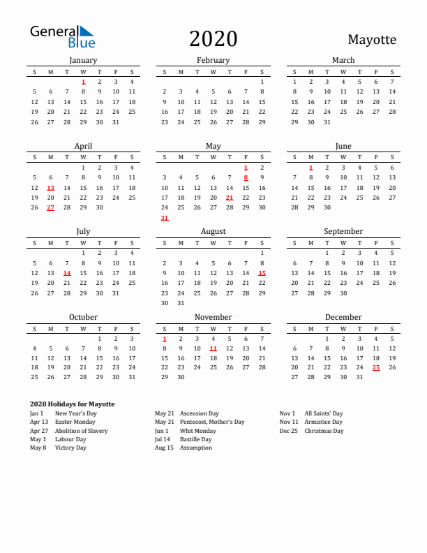 Mayotte Holidays Calendar for 2020