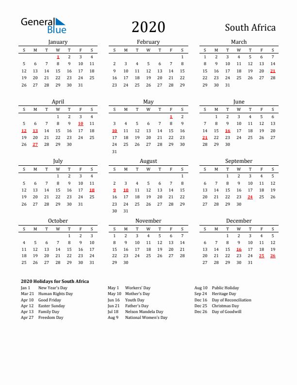 South Africa Holidays Calendar for 2020