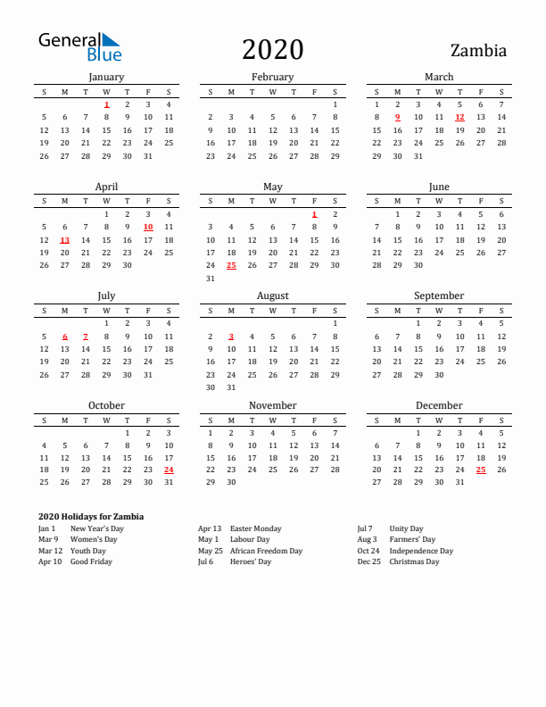 Zambia Holidays Calendar for 2020