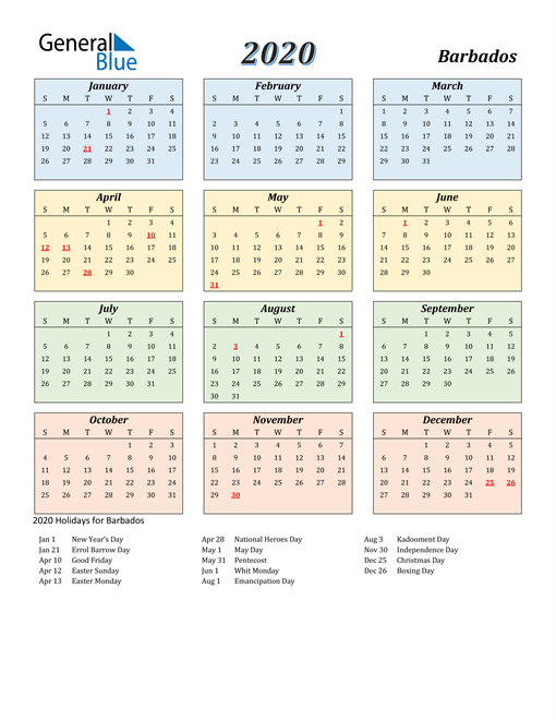 2020 Barbados Calendar with Holidays