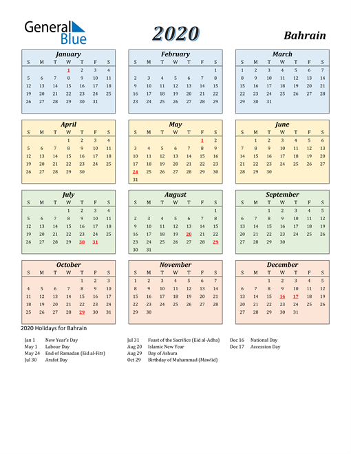 2020 Calendar Bahrain With Holidays