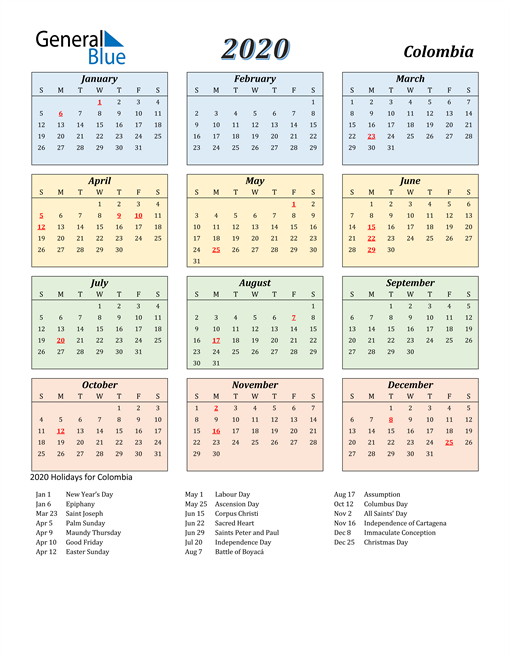 2020 Colombia Calendar with Holidays