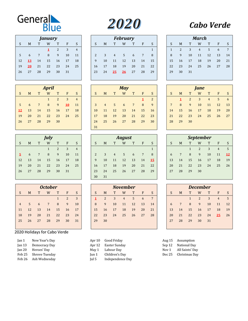 Cabo Verde Calendar 2020