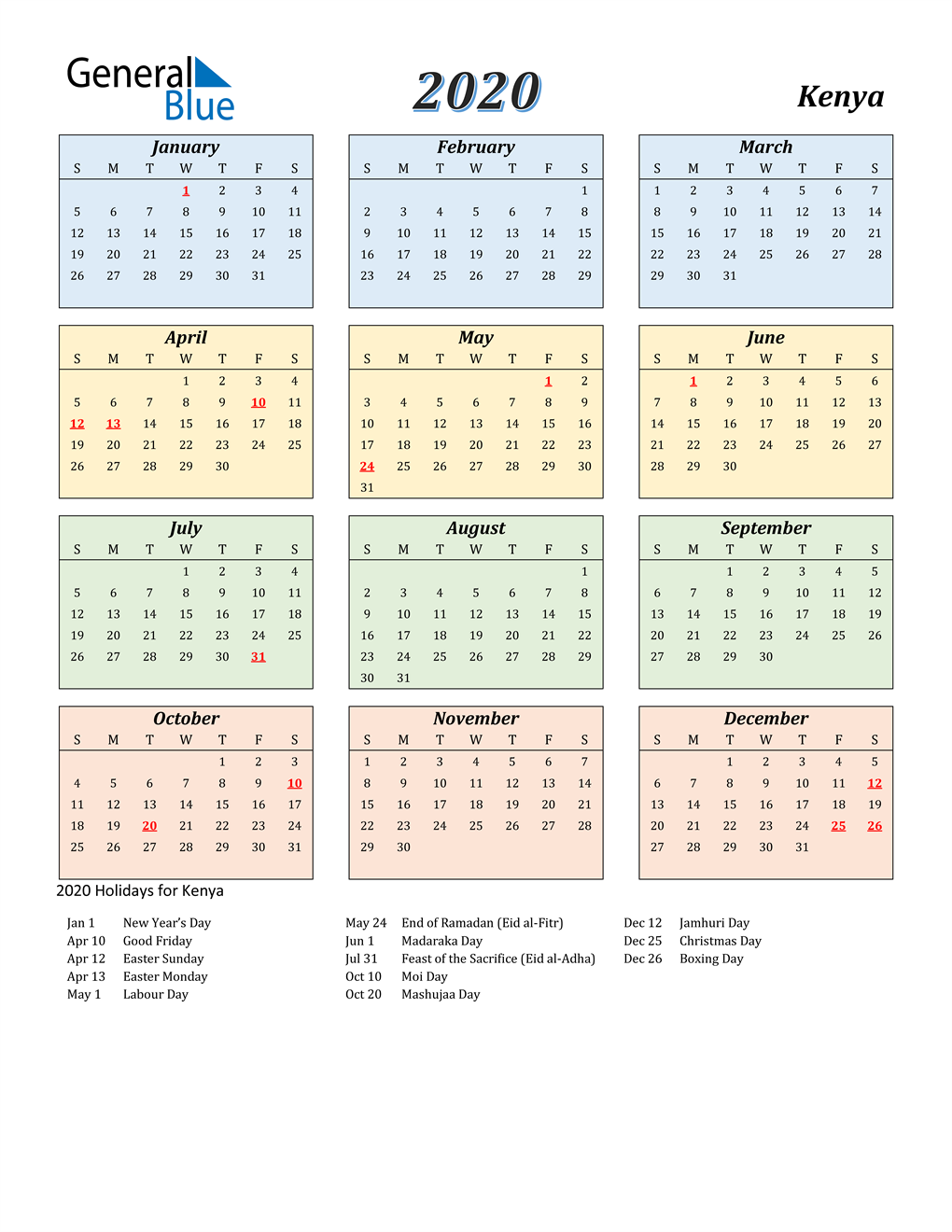 2020 Kenya Calendar with Holidays