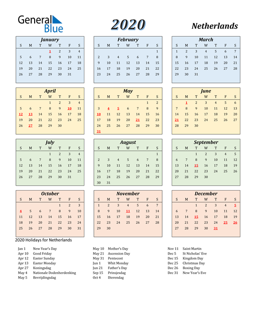 2020 Netherlands Calendar with Holidays