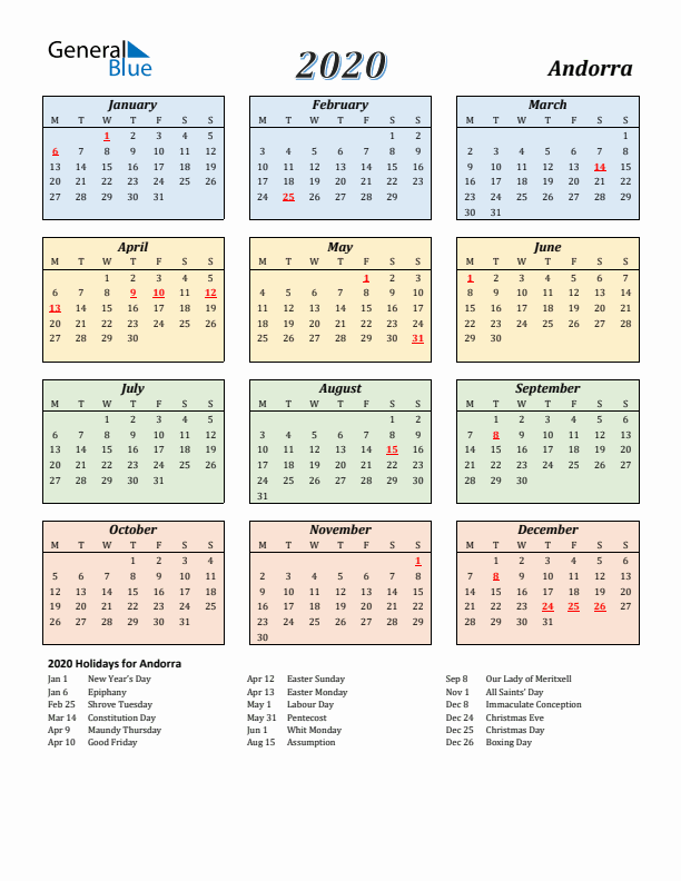 Andorra Calendar 2020 with Monday Start