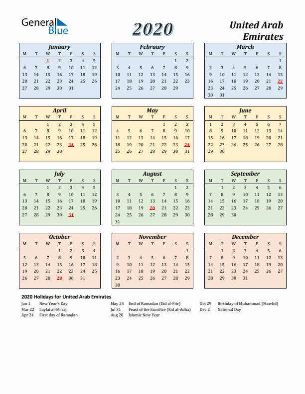 United Arab Emirates Calendar 2020 with Monday Start