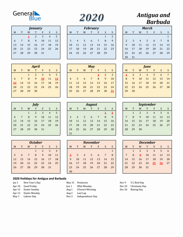 Antigua and Barbuda Calendar 2020 with Monday Start
