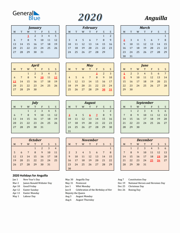 Anguilla Calendar 2020 with Monday Start