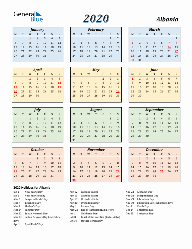 Albania Calendar 2020 with Monday Start