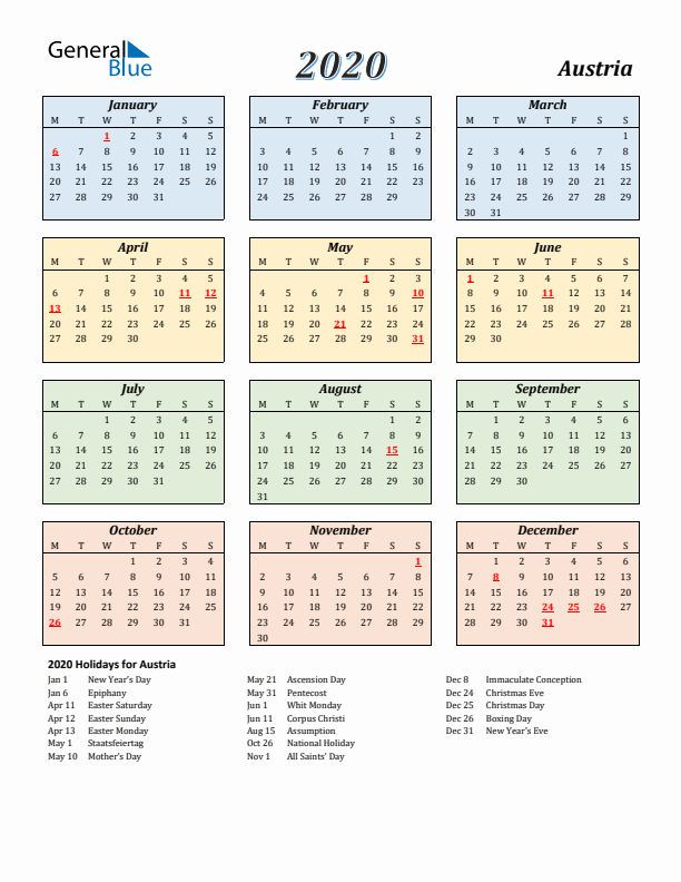 Austria Calendar 2020 with Monday Start