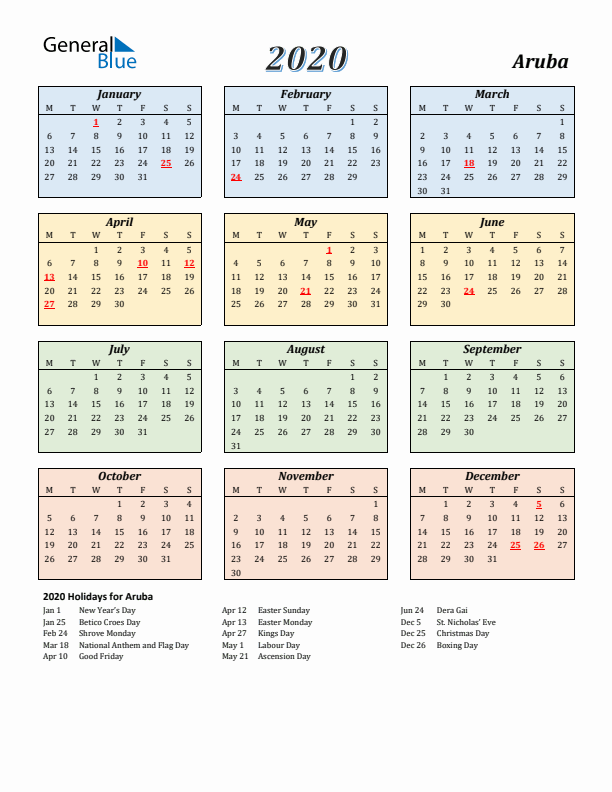 Aruba Calendar 2020 with Monday Start