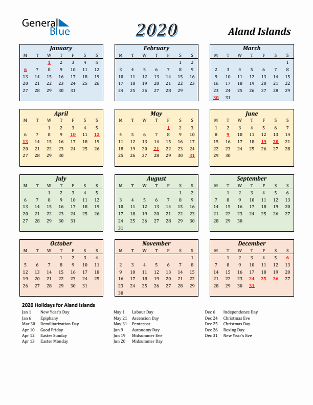 Aland Islands Calendar 2020 with Monday Start