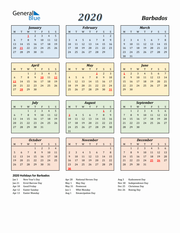 Barbados Calendar 2020 with Monday Start