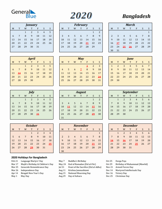 Bangladesh Calendar 2020 with Monday Start