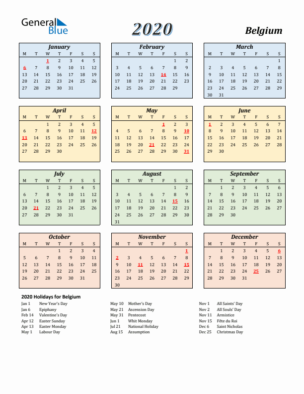 Belgium Calendar 2020 with Monday Start