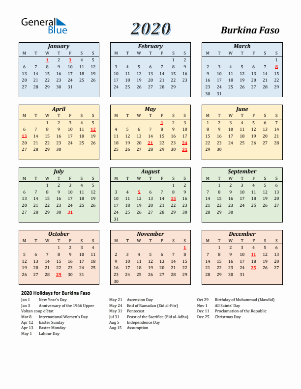 Burkina Faso Calendar 2020 with Monday Start