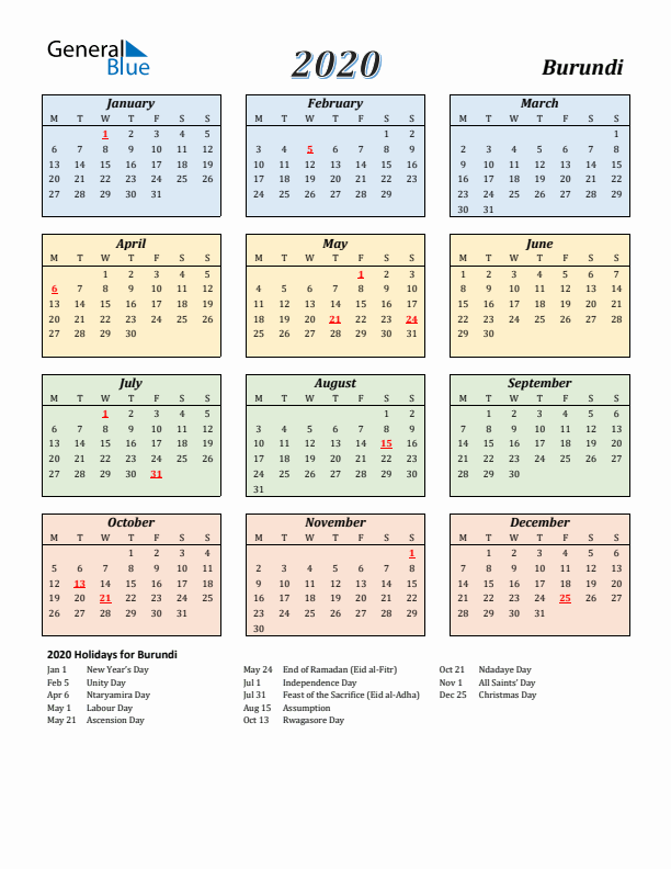 Burundi Calendar 2020 with Monday Start