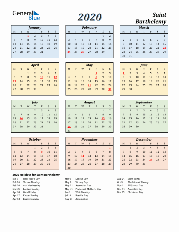 Saint Barthelemy Calendar 2020 with Monday Start