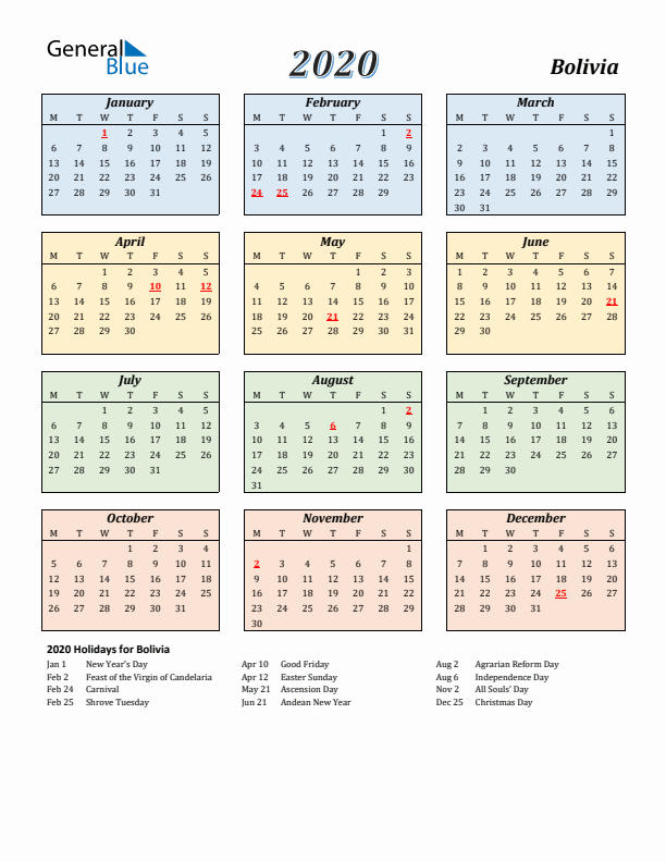 Bolivia Calendar 2020 with Monday Start
