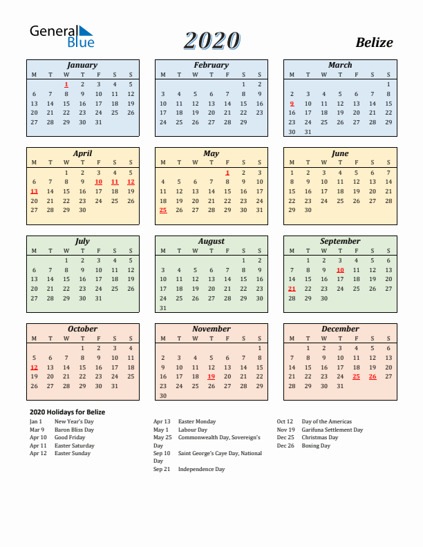 Belize Calendar 2020 with Monday Start
