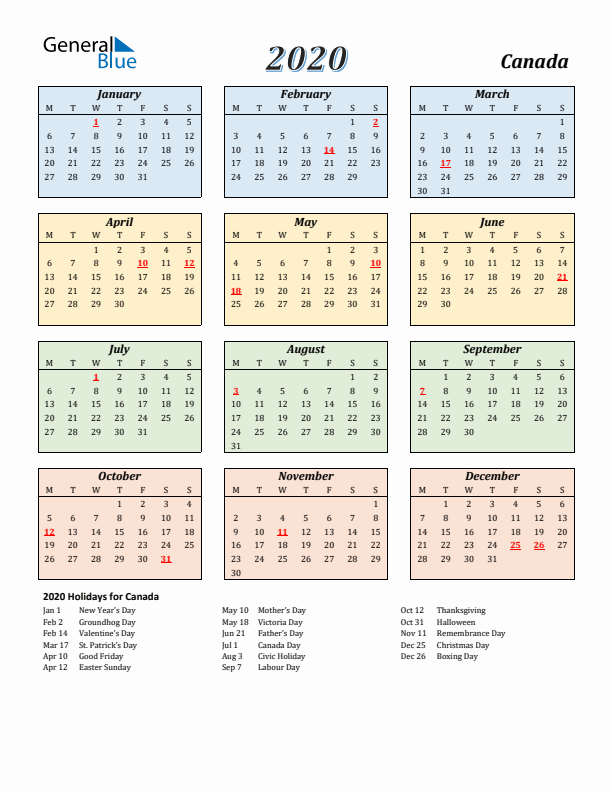 Canada Calendar 2020 with Monday Start