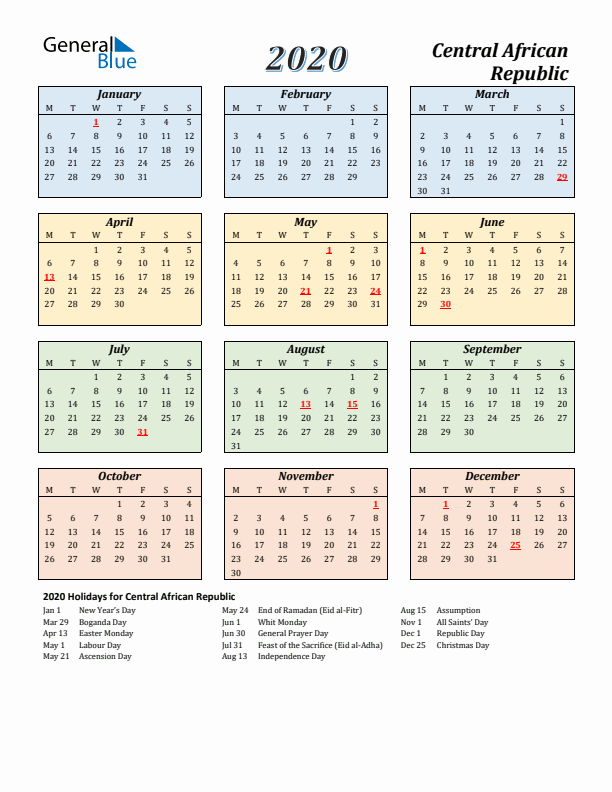 Central African Republic Calendar 2020 with Monday Start