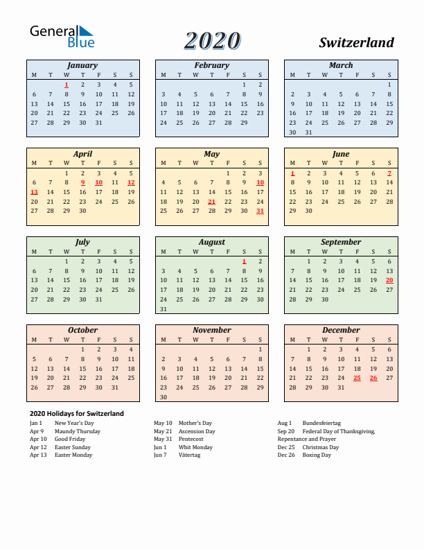 Switzerland Calendar 2020 with Monday Start