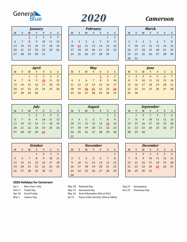 Cameroon Calendar 2020 with Monday Start