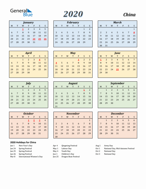 China Calendar 2020 with Monday Start