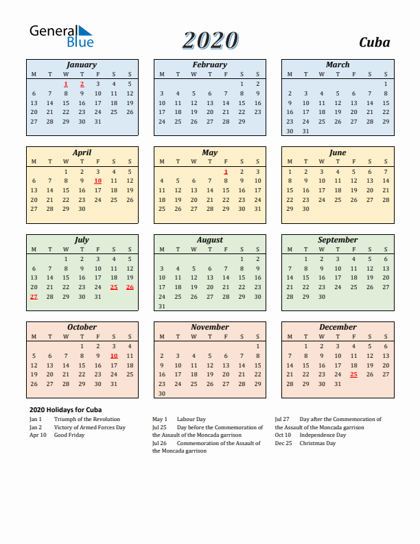 Cuba Calendar 2020 with Monday Start
