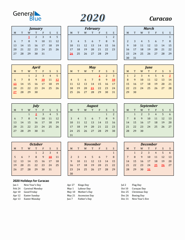 Curacao Calendar 2020 with Monday Start