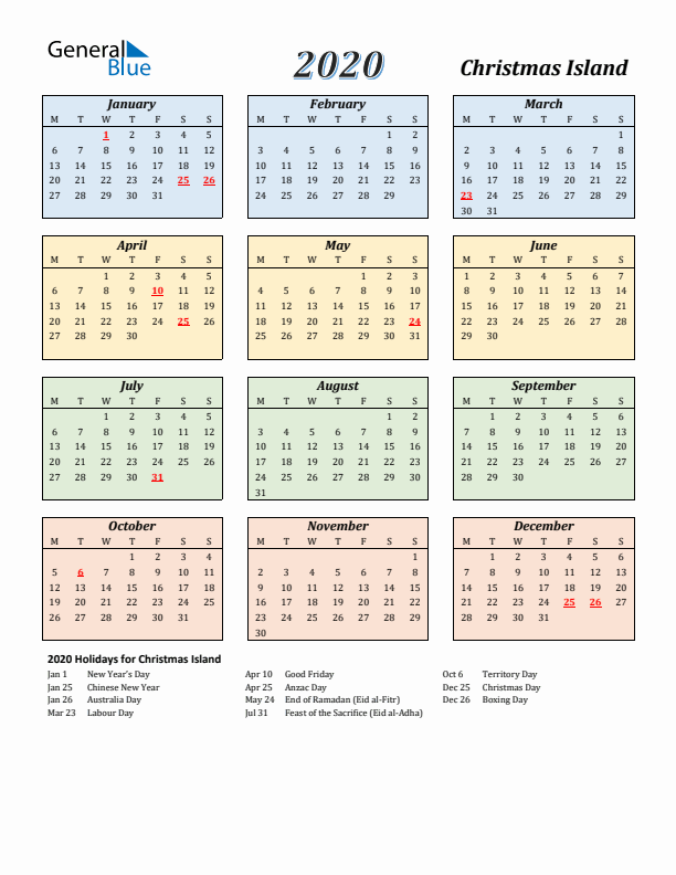Christmas Island Calendar 2020 with Monday Start