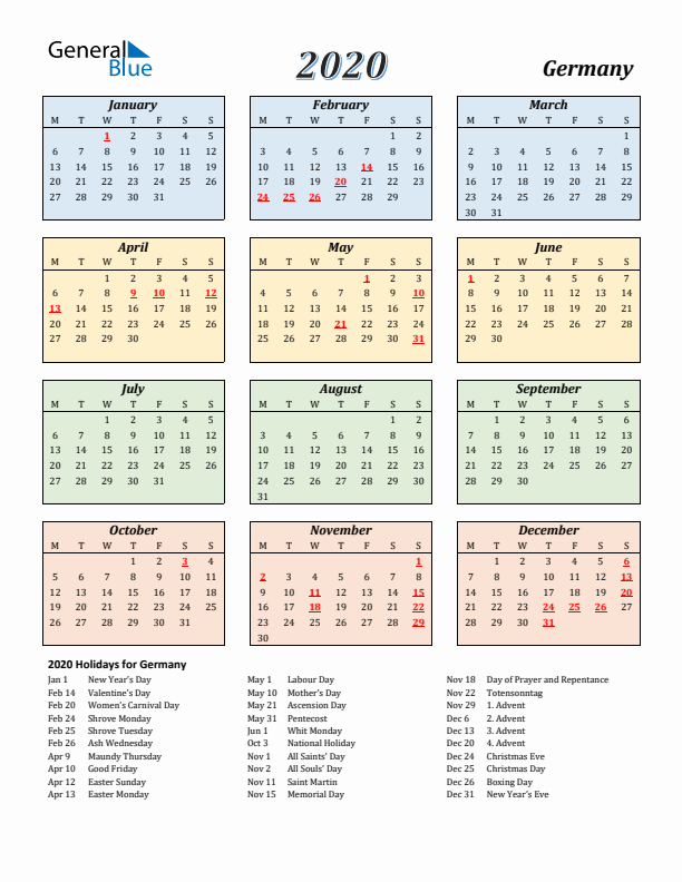 Germany Calendar 2020 with Monday Start