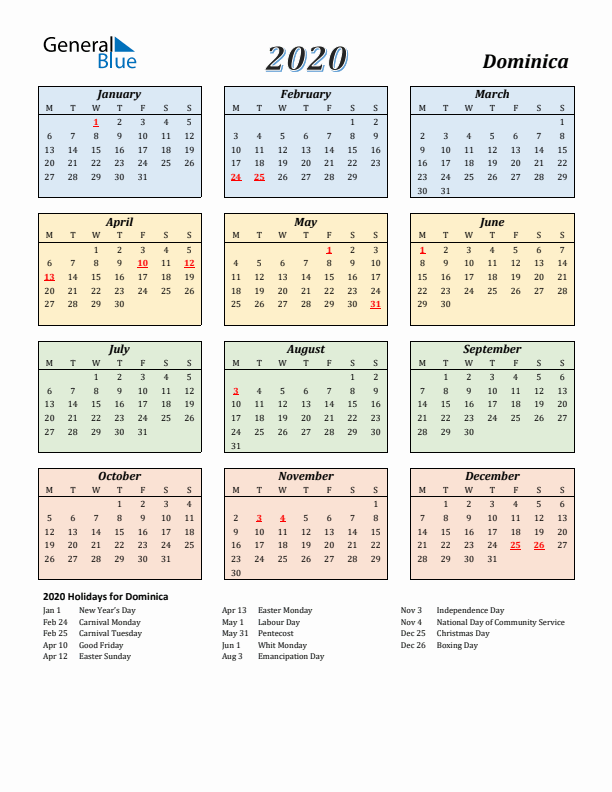 Dominica Calendar 2020 with Monday Start
