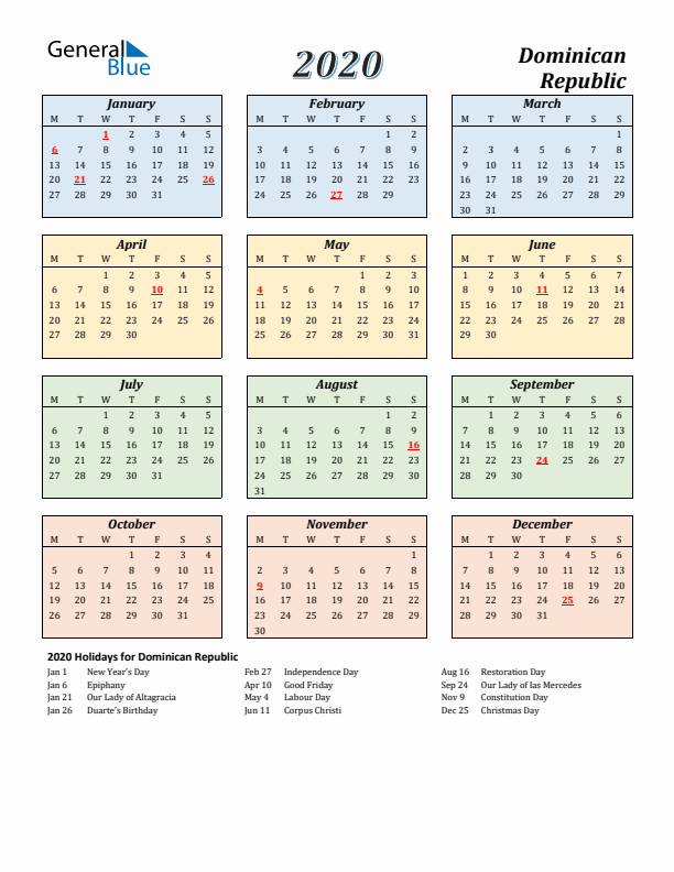 Dominican Republic Calendar 2020 with Monday Start
