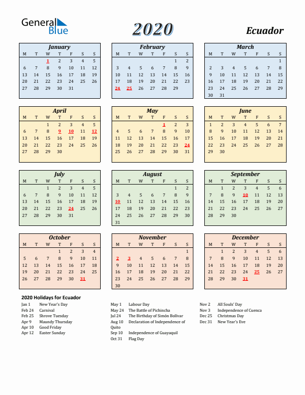 Ecuador Calendar 2020 with Monday Start