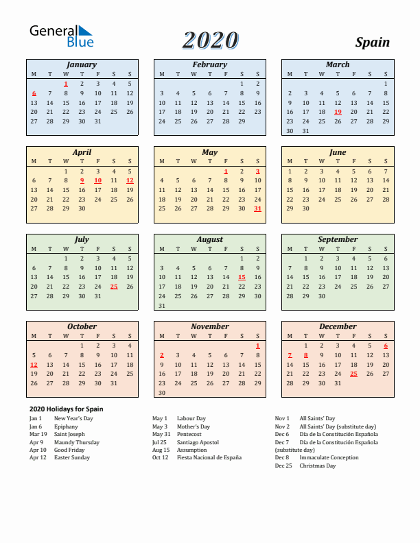 Spain Calendar 2020 with Monday Start