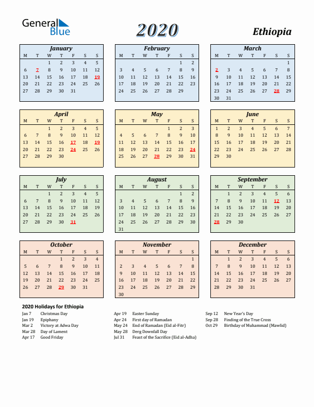 Ethiopia Calendar 2020 with Monday Start