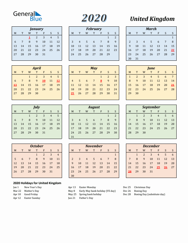 United Kingdom Calendar 2020 with Monday Start