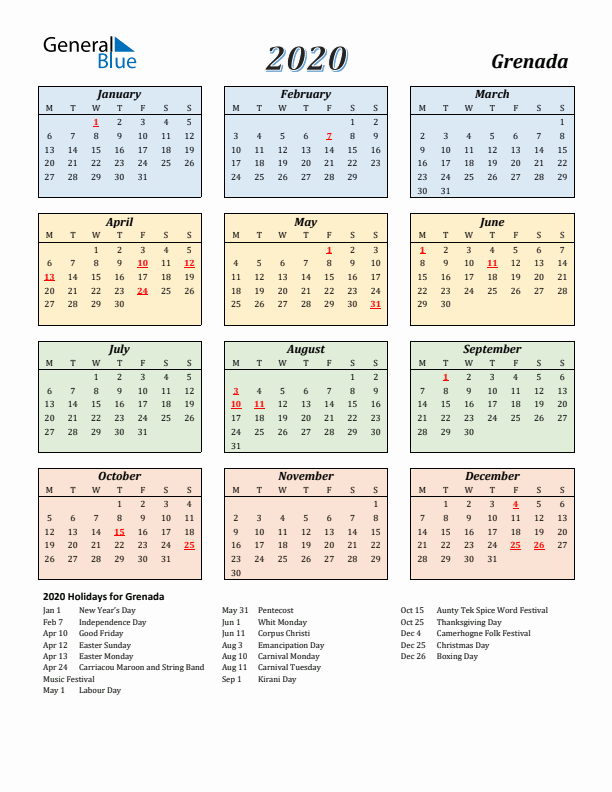Grenada Calendar 2020 with Monday Start