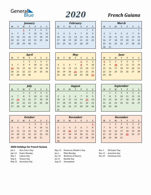 French Guiana Calendar 2020 with Monday Start