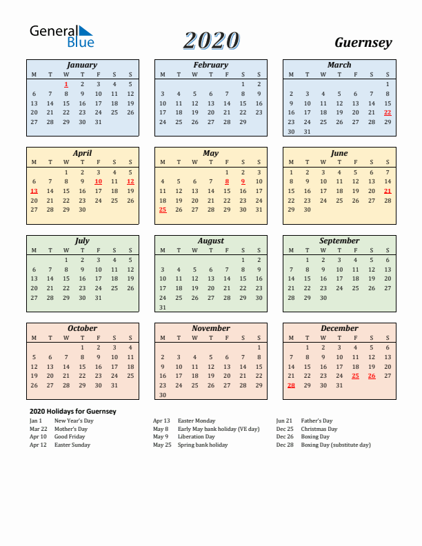 Guernsey Calendar 2020 with Monday Start