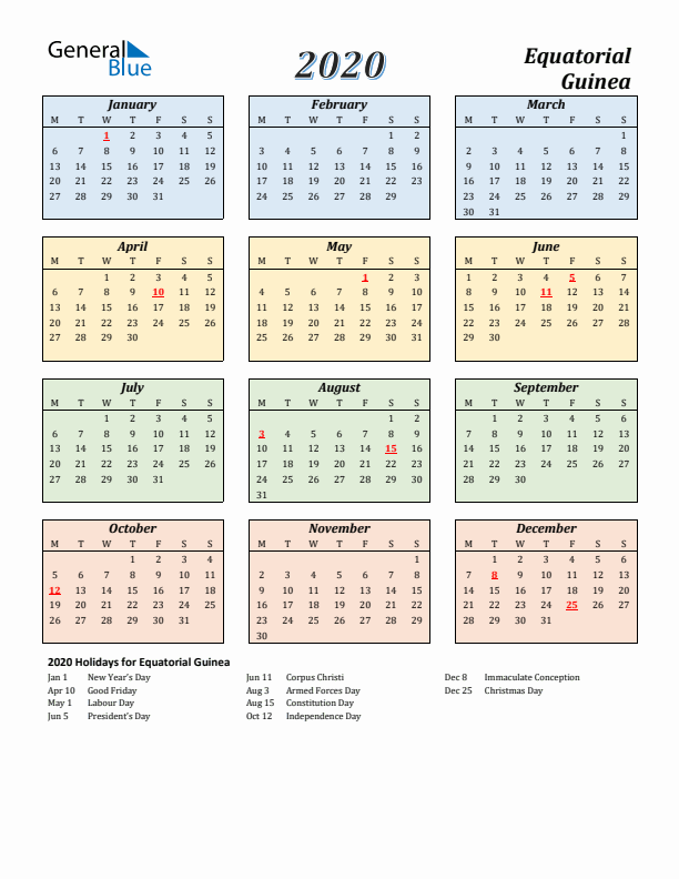 Equatorial Guinea Calendar 2020 with Monday Start