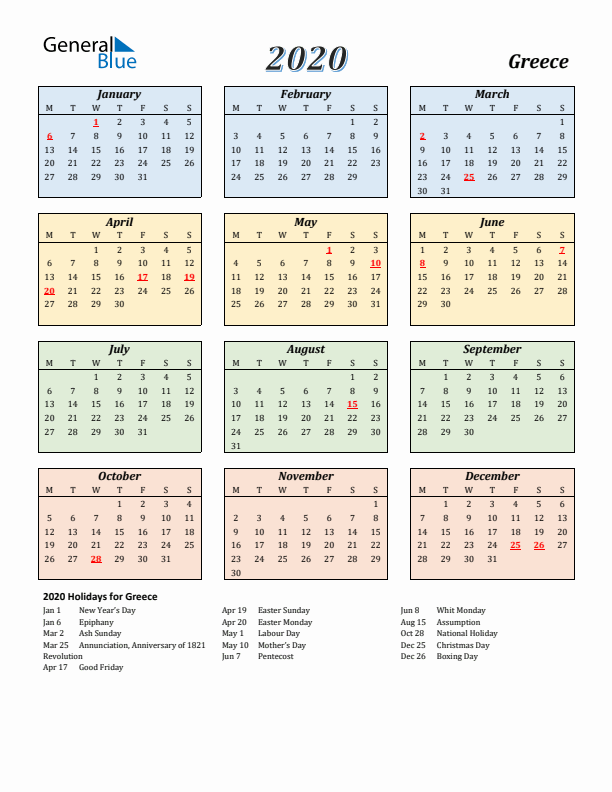 Greece Calendar 2020 with Monday Start