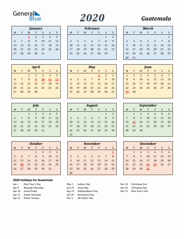 Guatemala Calendar 2020 with Monday Start