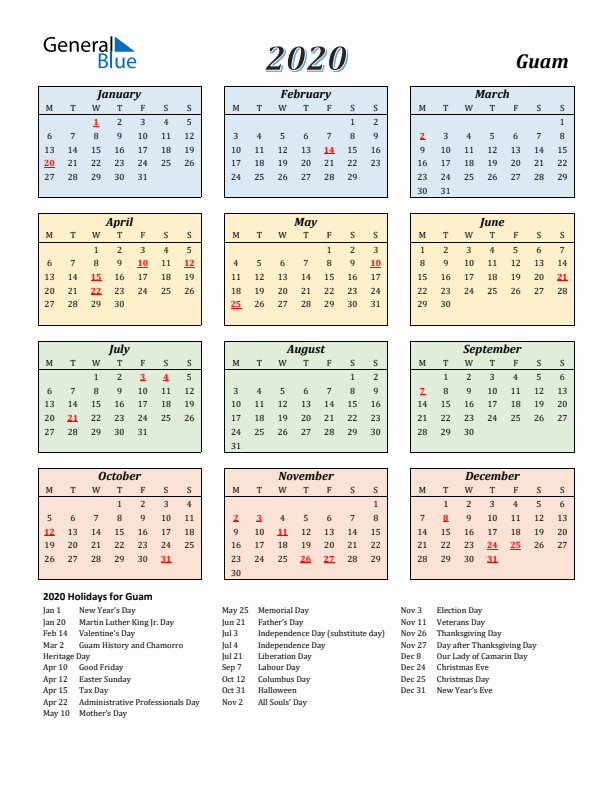 Guam Calendar 2020 with Monday Start