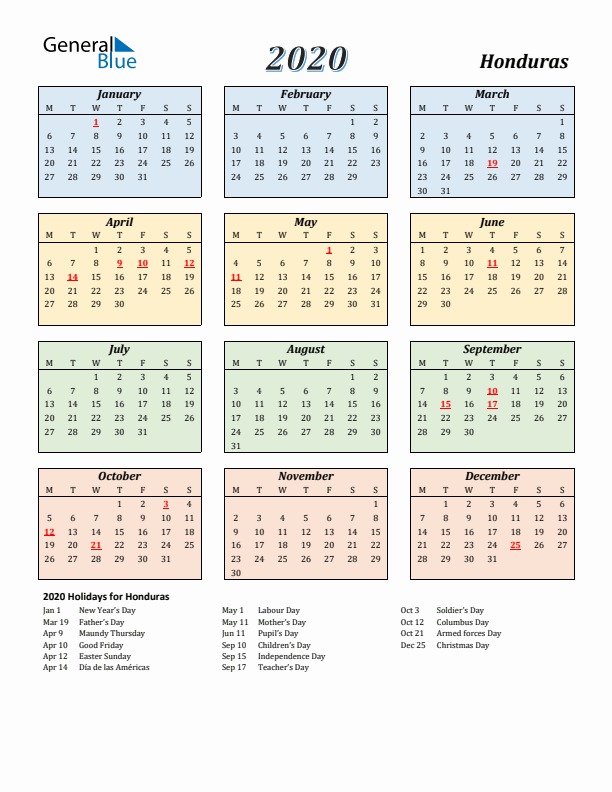 Honduras Calendar 2020 with Monday Start